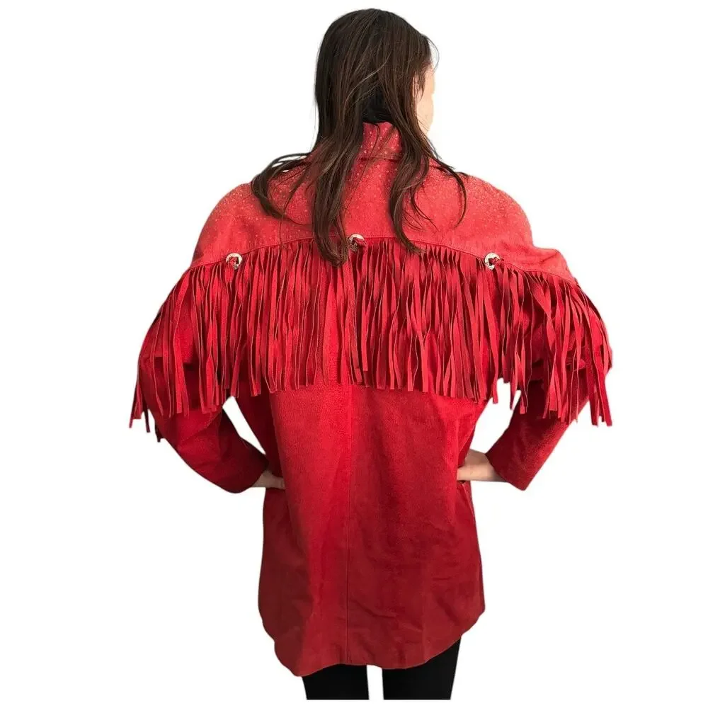 Vintage 1980s Avanti Red Suede Western Fringe Frontier Leather Coat medium - Picture 3 of 16